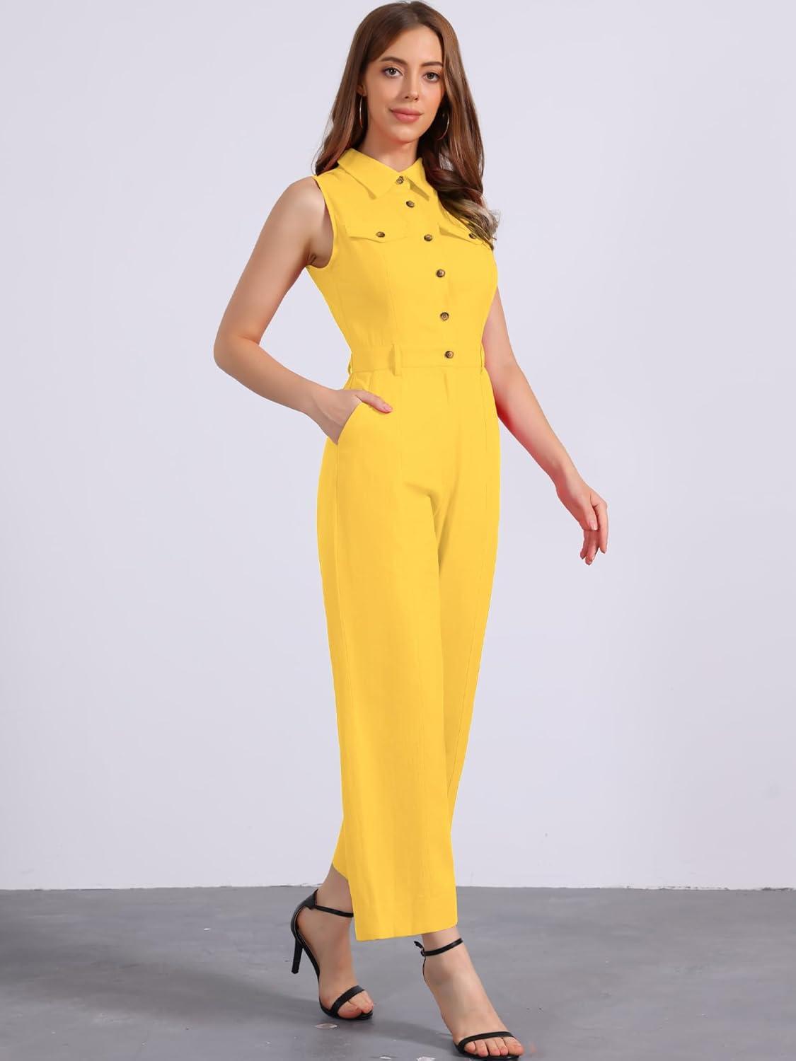 imageAllegra K Womens Wide Leg Jumpsuit 2024 Sleeveless Collared Tie Waist Coverall Button Down Cargo JumpsuitsYellow