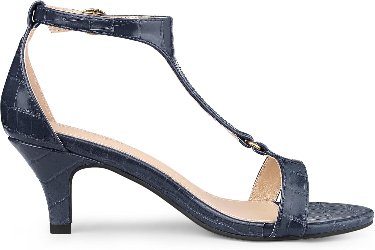 imageAllegra K Womens t Strap Embossed Kitten Heel SandalsNavy Blue
