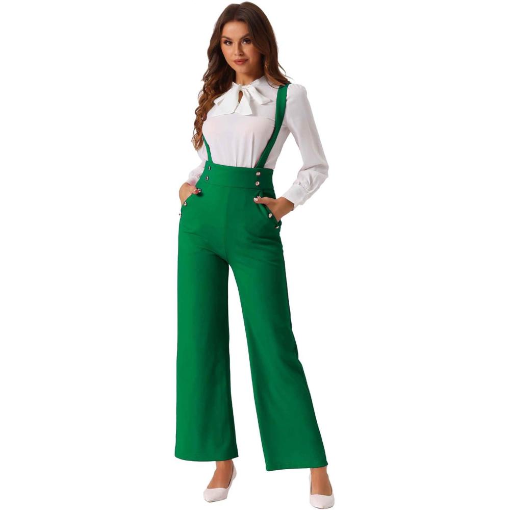 imageAllegra K Casual Office Jumpsuits for Womens Adjustable Straps Wide Leg Suspenders Pants OverallDark Green