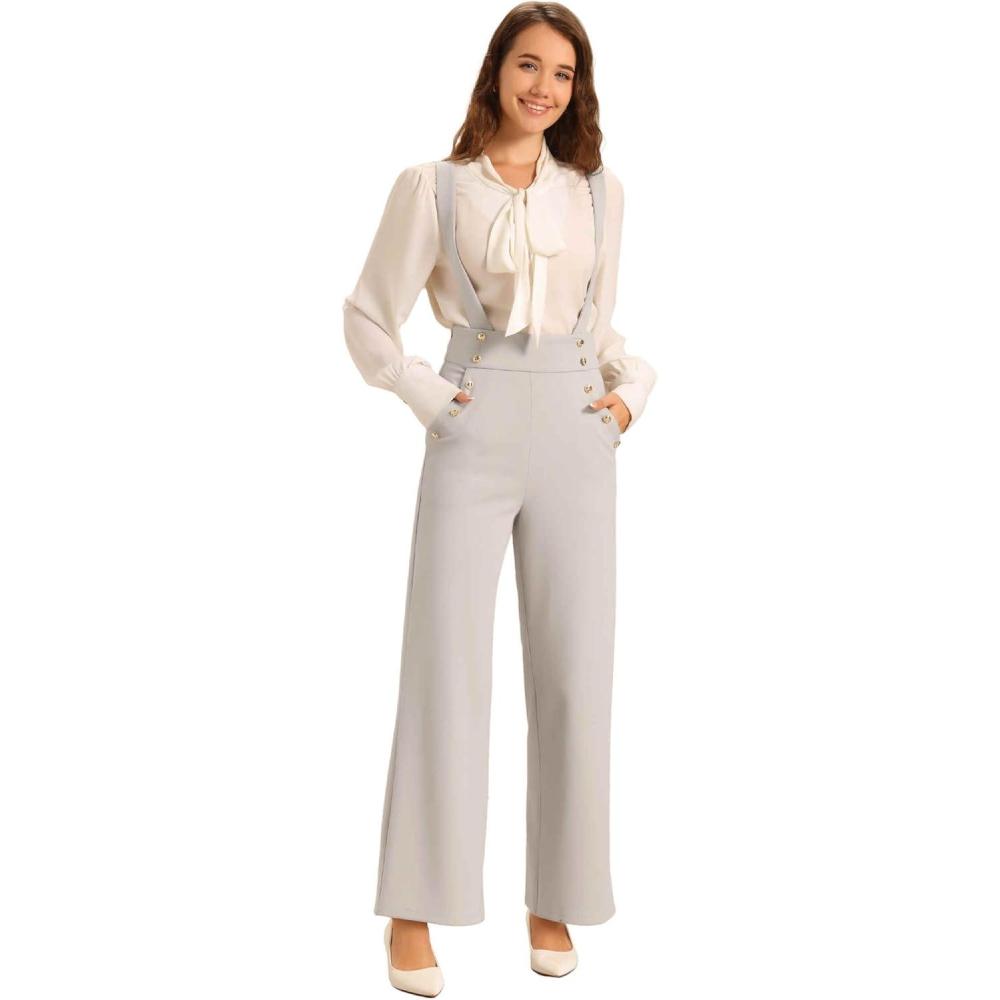 imageAllegra K Casual Office Jumpsuits for Womens Adjustable Straps Wide Leg Suspenders Pants OverallGrey Beige
