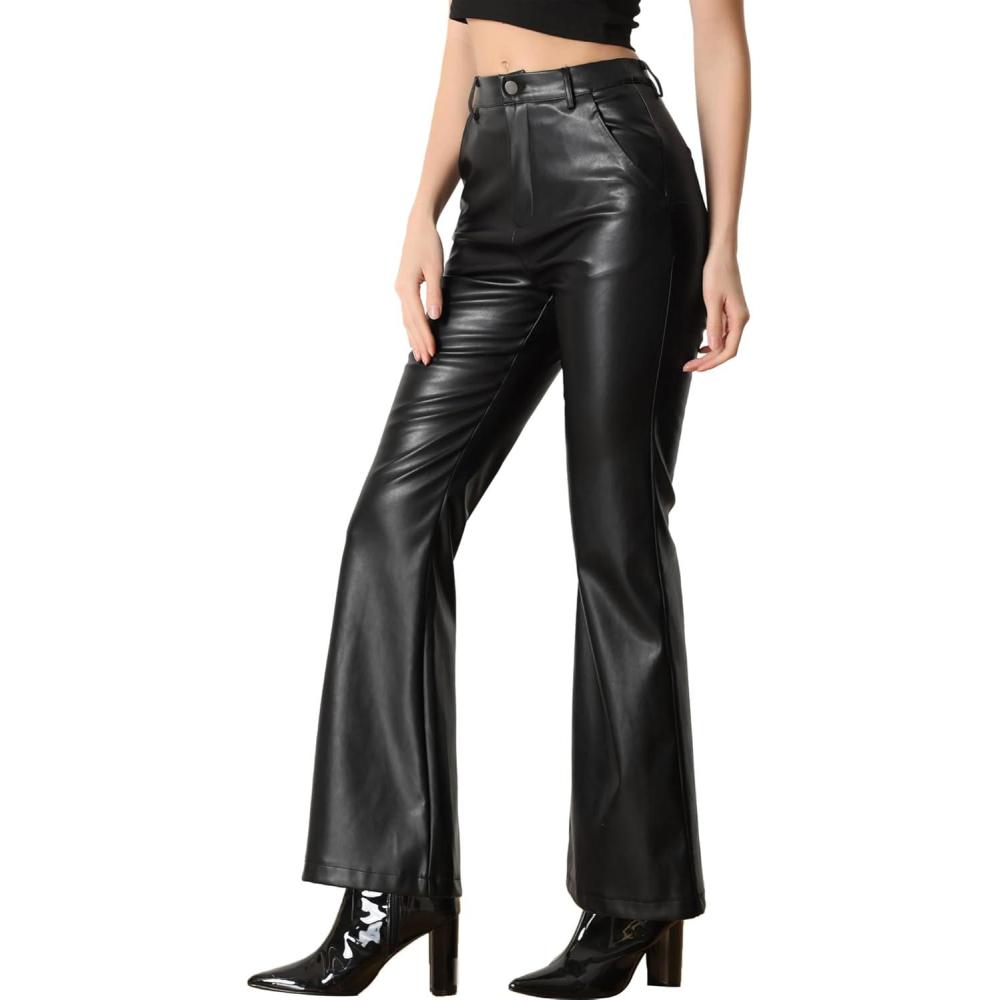 imageAllegra K Faux Leather Casual Pant for Womens High Waist Bell Bottom Flared Long PU TrouserBlack