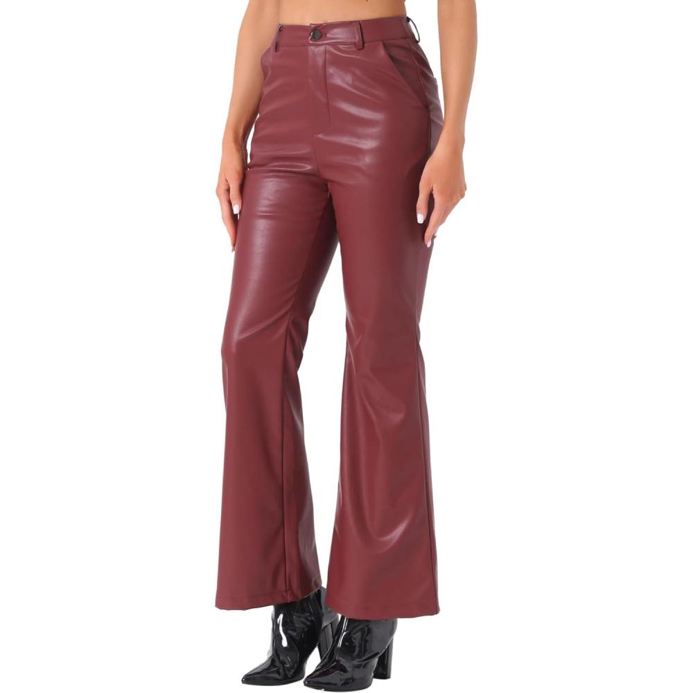 imageAllegra K Faux Leather Casual Pant for Womens High Waist Bell Bottom Flared Long PU TrouserBurgundy