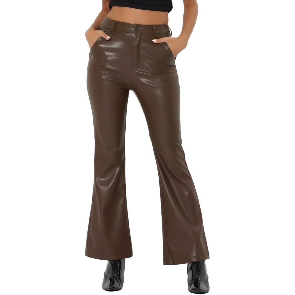 imageAllegra K Faux Leather Casual Pant for Womens High Waist Bell Bottom Flared Long PU TrouserCoffee