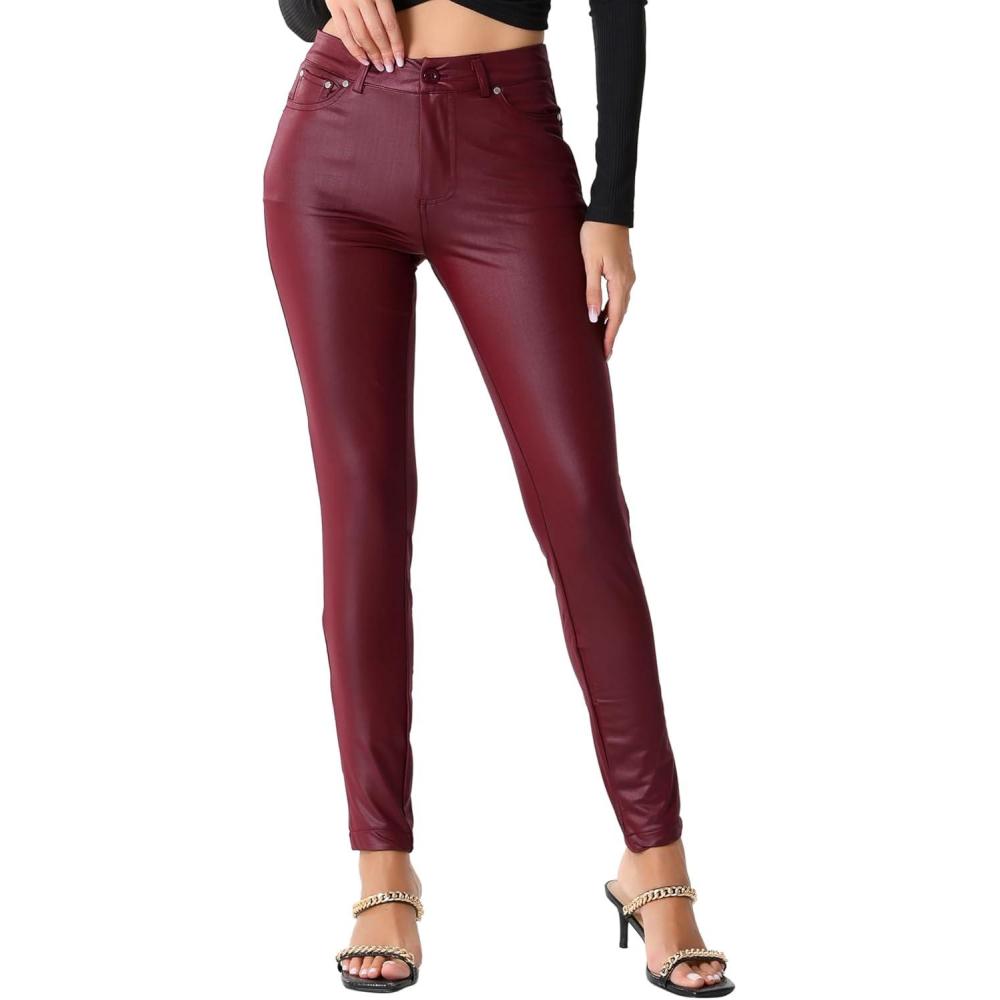 imageAllegra K Faux Leather Pants for Womens High Waist Stretch Slim Fit Motorcycle Legging PantsBurgundy