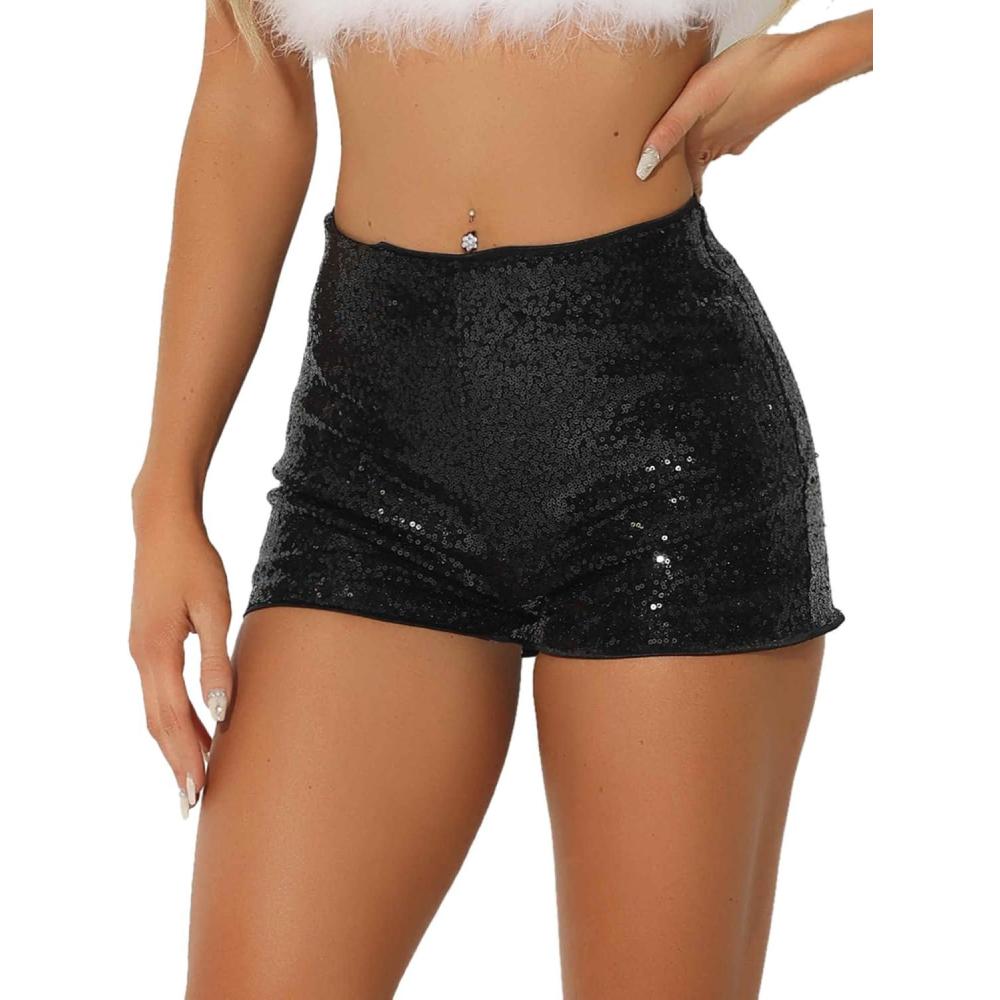 imageAllegra K Sequin Shorts for Women High Waist Party Night Out Concert Outfit Sparkly Mini ShortsBlack