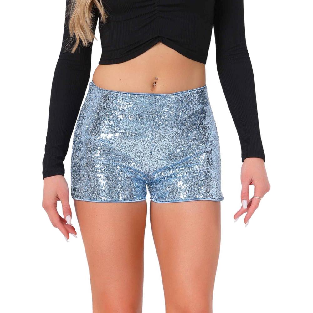 imageAllegra K Sequin Shorts for Women High Waist Party Night Out Concert Outfit Sparkly Mini ShortsLight Blue