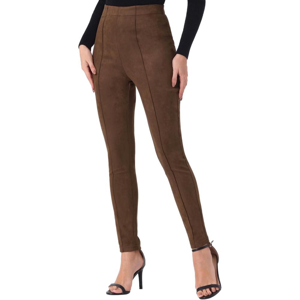 imageAllegra K Womens Faux Suede Leggings High Waisted Stretch Casual Faux Leather Pants for WomenCoffee