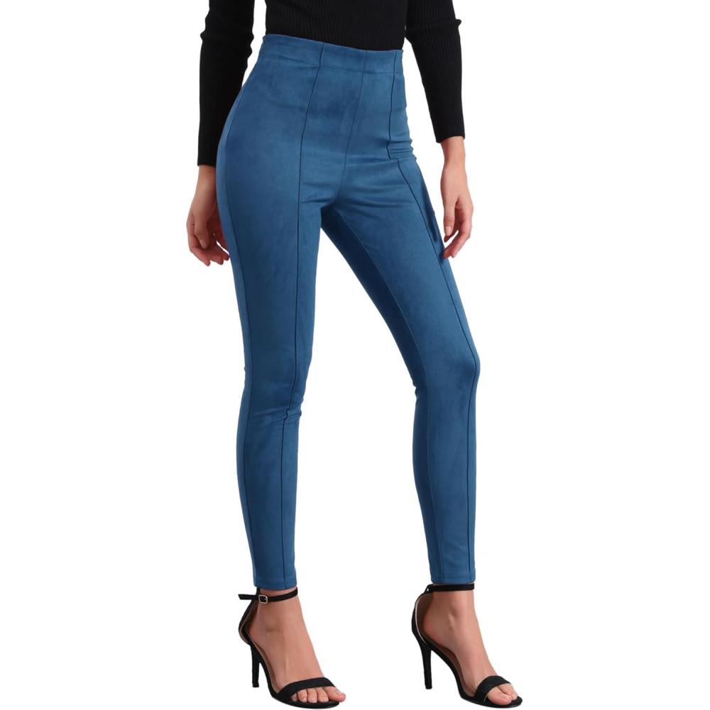 imageAllegra K Womens Faux Suede Leggings High Waisted Stretch Casual Faux Leather Pants for WomenDark Blue