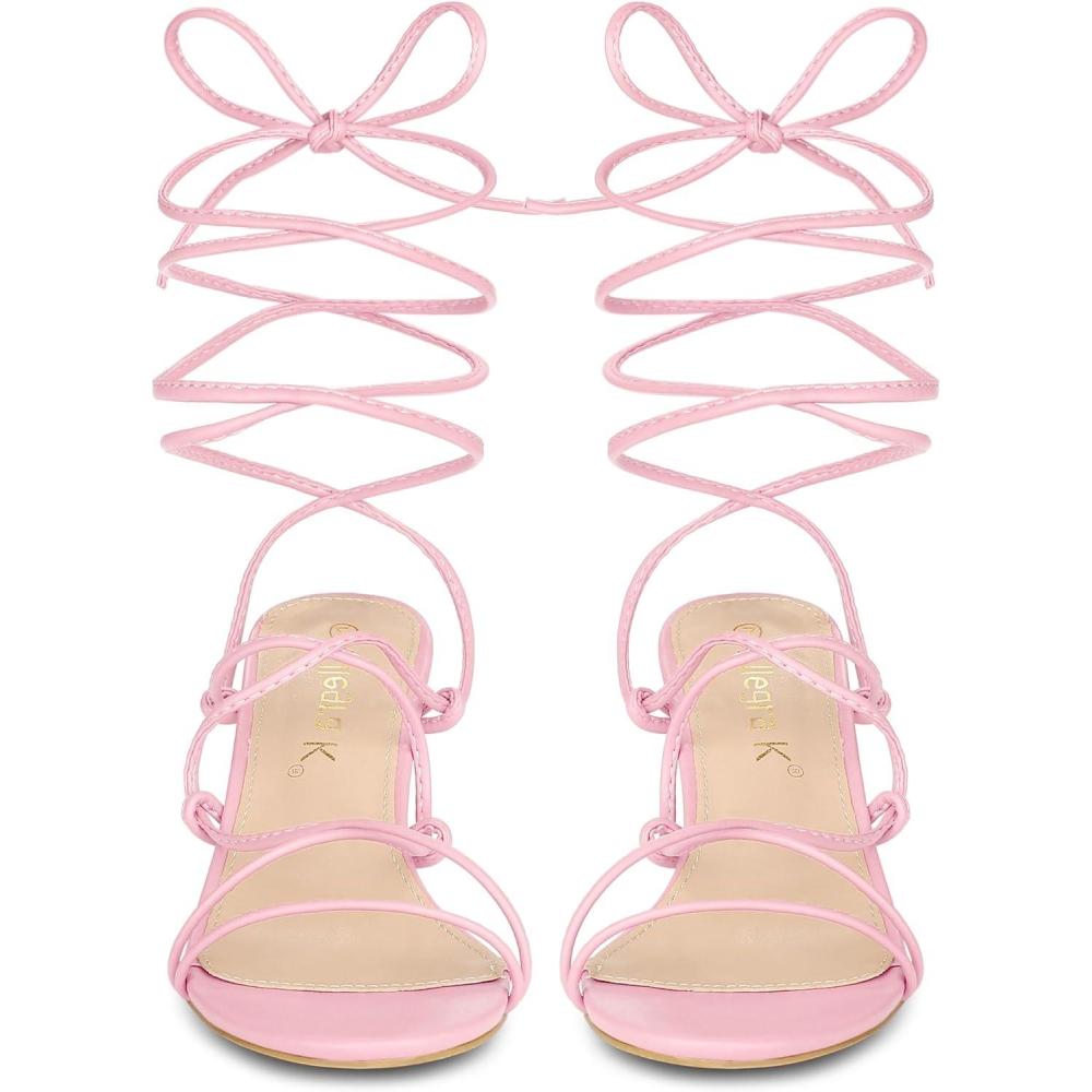 imageAllegra K Womens Lace Up Open Toe Strappy Stiletto Heels SandalsPink