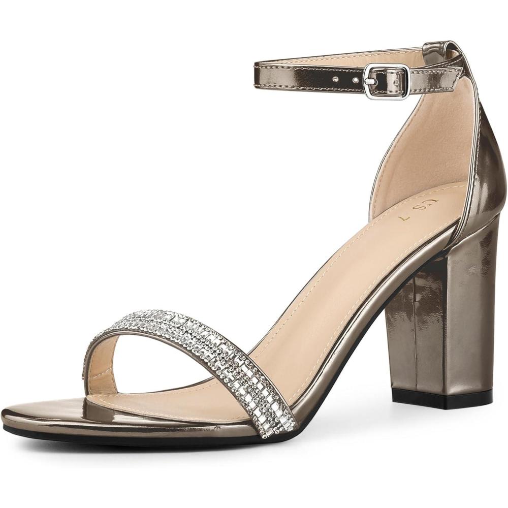 imageAllegra K Womens Rhinestone Ankle Strap Chunky Heels SandalsGunmetal