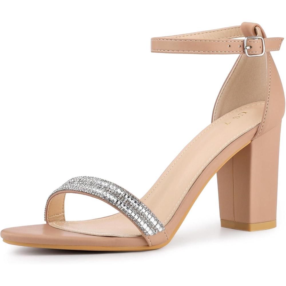 imageAllegra K Womens Rhinestone Ankle Strap Chunky Heels SandalsNude