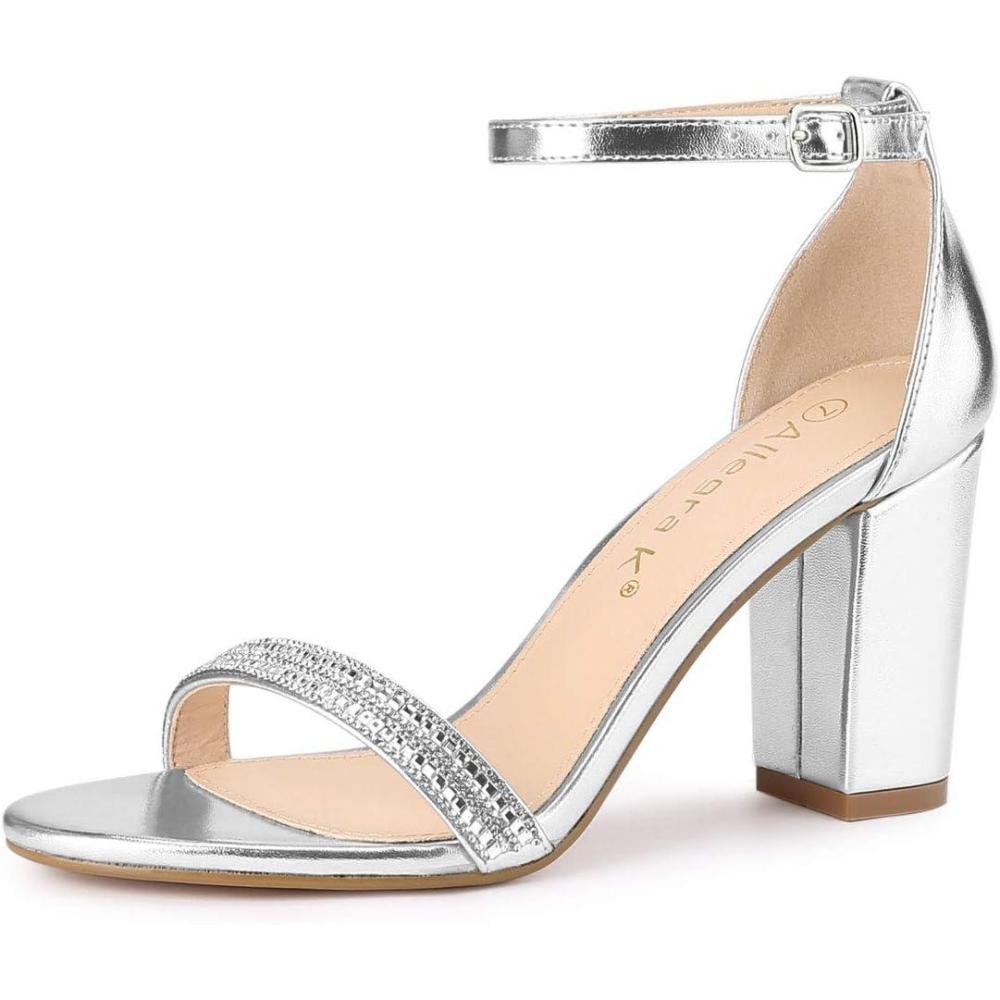 imageAllegra K Womens Rhinestone Ankle Strap Chunky Heels SandalsSilver
