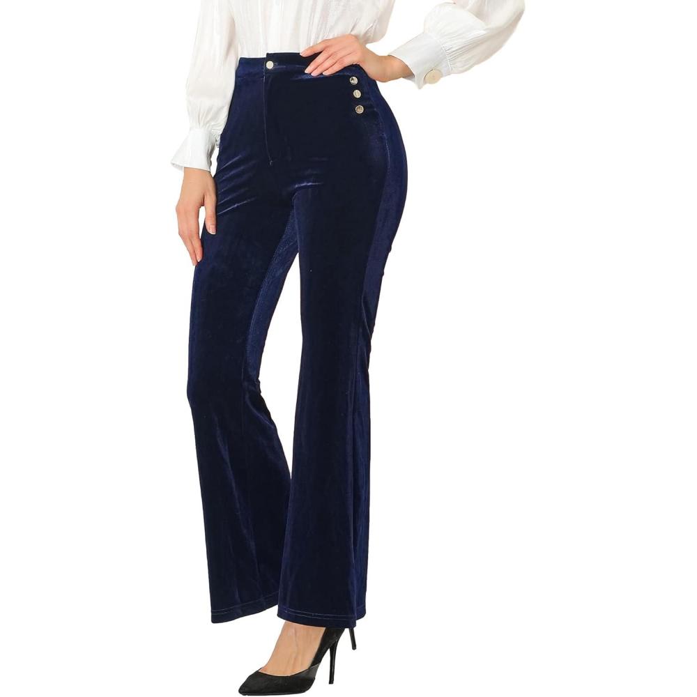 imageAllegra K Womens Velvet Pants Botton Decor High Waist Wide Flare Leg PantsDark Purple