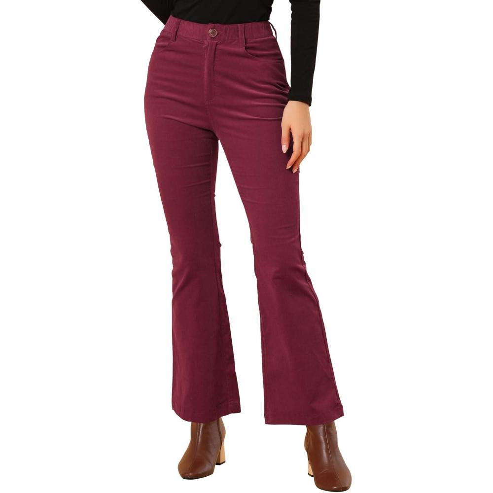 imageAllegra K Womens Vintage Flare Trousers High Waist Long Bell Bottom Corduroy Pants Medium Burgundy