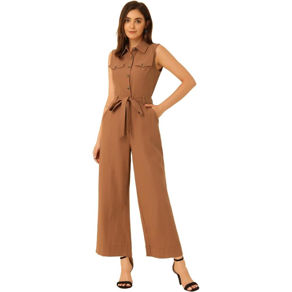 imageAllegra K Womens Wide Leg Jumpsuit 2024 Sleeveless Collared Tie Waist Coverall Button Down Cargo JumpsuitsBrown