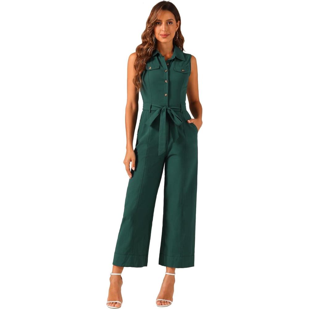 imageAllegra K Womens Wide Leg Jumpsuit 2024 Sleeveless Collared Tie Waist Coverall Button Down Cargo JumpsuitsPeacock Blue