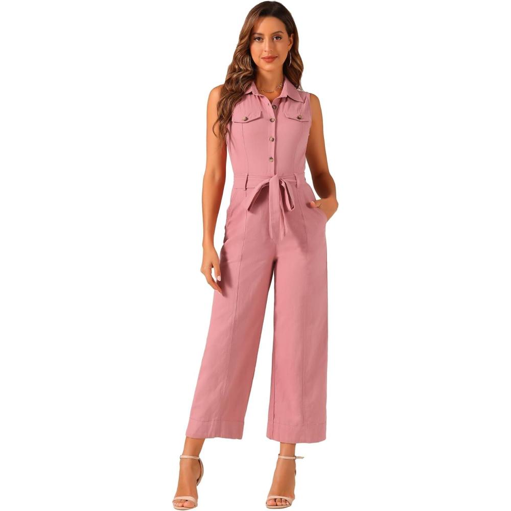 imageAllegra K Womens Wide Leg Jumpsuit 2024 Sleeveless Collared Tie Waist Coverall Button Down Cargo JumpsuitsPink