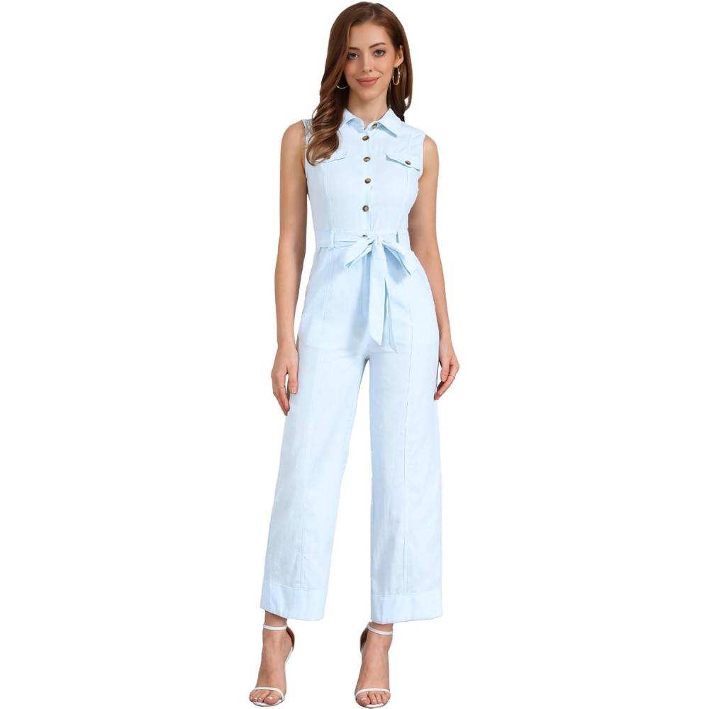 imageAllegra K Womens Wide Leg Jumpsuit 2024 Sleeveless Collared Tie Waist Coverall Button Down Cargo JumpsuitsSky Blue
