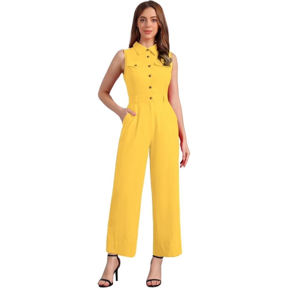 imageAllegra K Womens Wide Leg Jumpsuit 2024 Sleeveless Collared Tie Waist Coverall Button Down Cargo JumpsuitsYellow