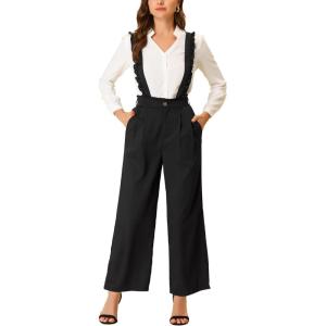 imageAllegra K Womens Ankle Pants High Waist Ruffled Suspender Overalls Office Wide Leg Trousers Medium Black
