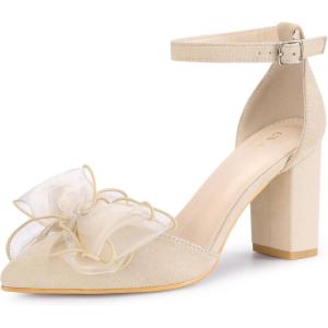 imageAllegra K Womens Bow Heels Closed Toe Chunky Heel Pumps SandalsBeige