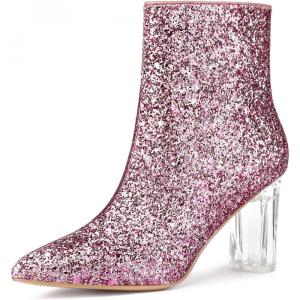 imageAllegra K Womens Clear Block Heel Glitter Ankle BootsPink