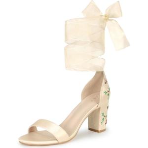 imageAllegra K Womens Floral Heels Satin Lace Up Chunky Heel SandalsChampagne