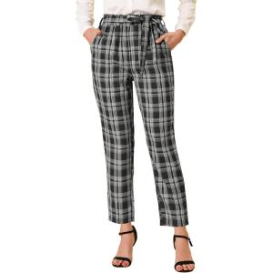 imageAllegra K Womens High Waist Trousers with Belted Straight Leg Office Work Plaid Pants Medium Black White