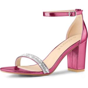 imageAllegra K Womens Rhinestone Ankle Strap Chunky Heels SandalsHot Pink