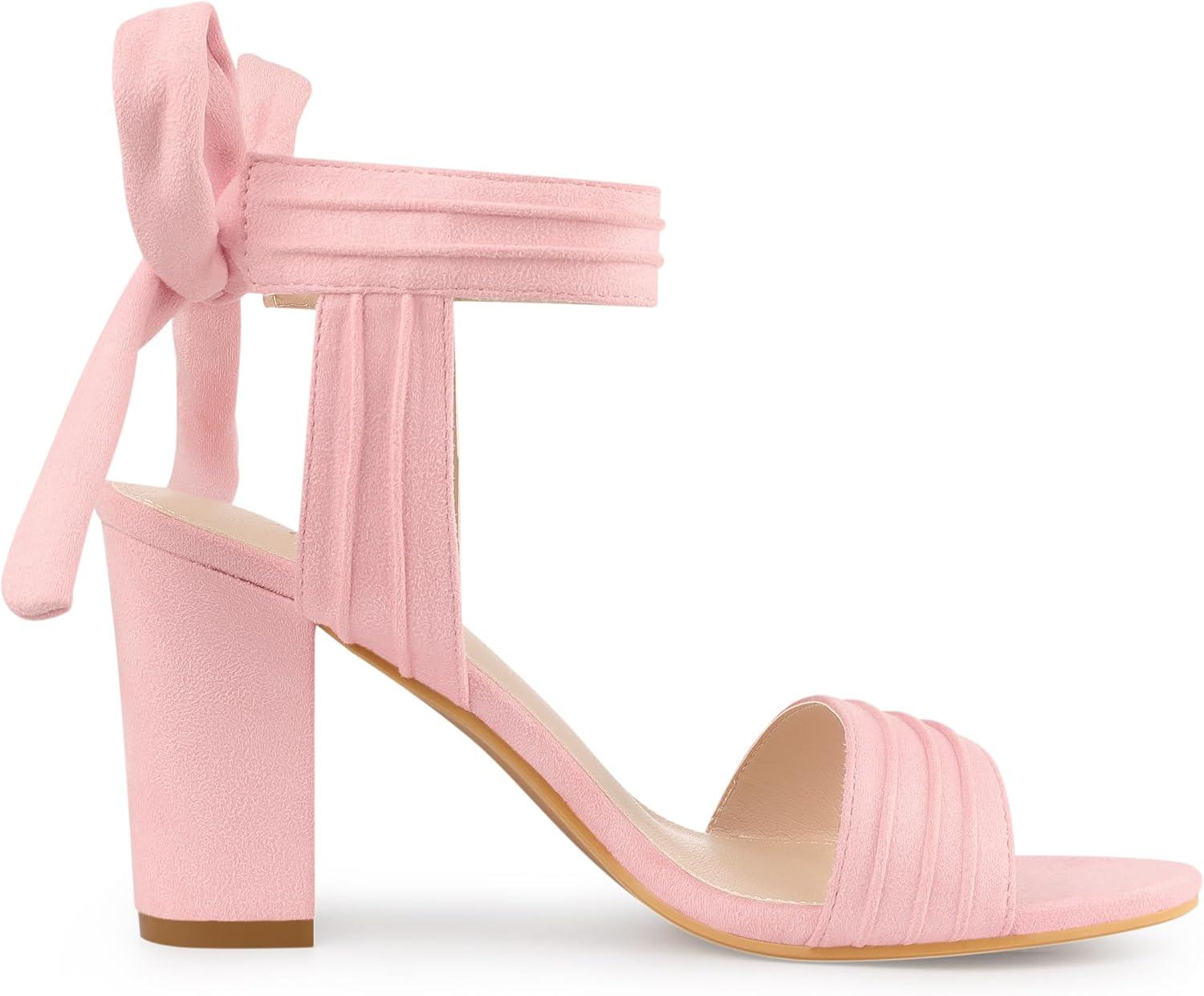 imageAllegra K Women Open Toe Ankle Tie Back Chunky Heel SandalsBling Pink