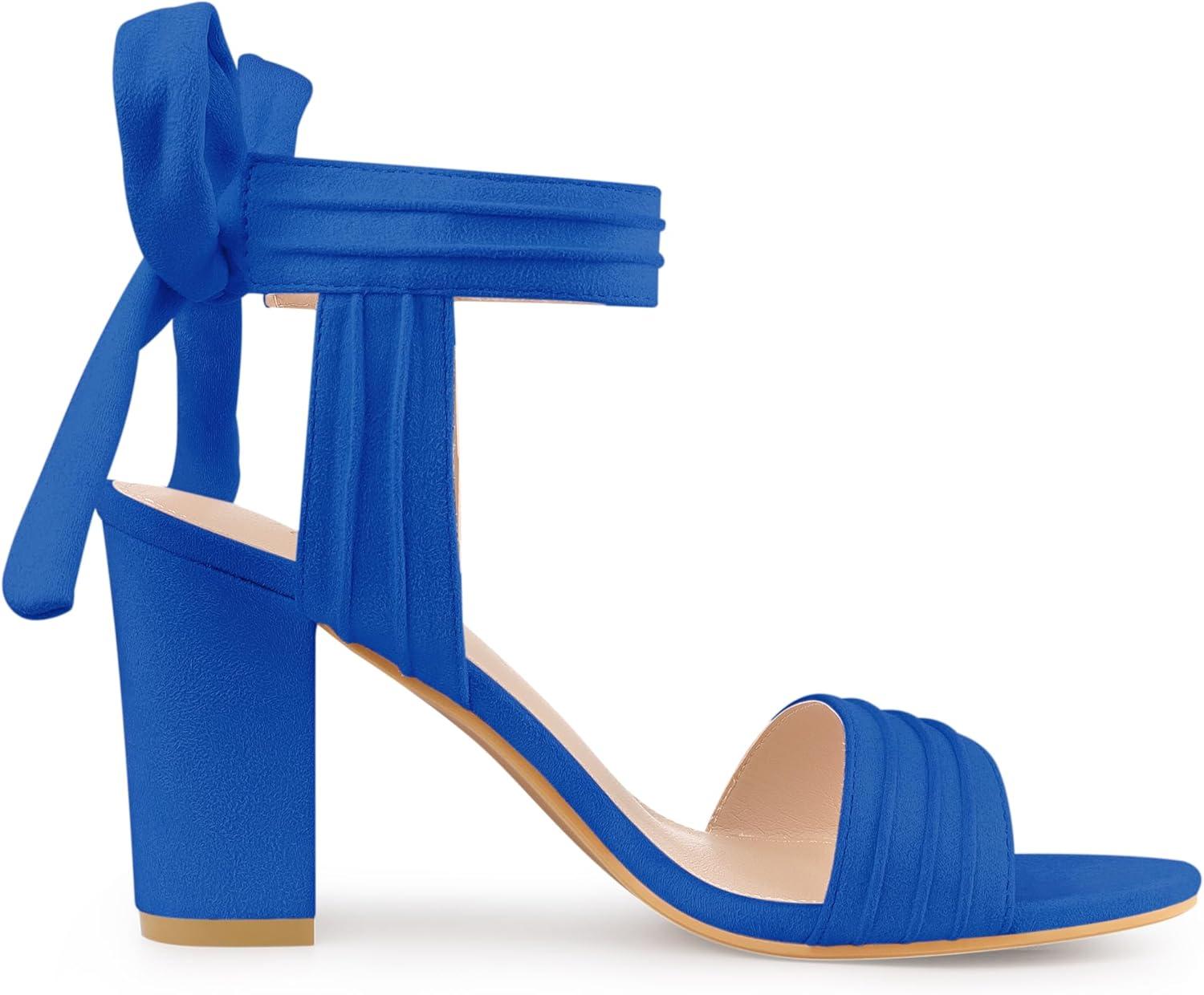 imageAllegra K Women Open Toe Ankle Tie Back Chunky Heel SandalsDeep Blue