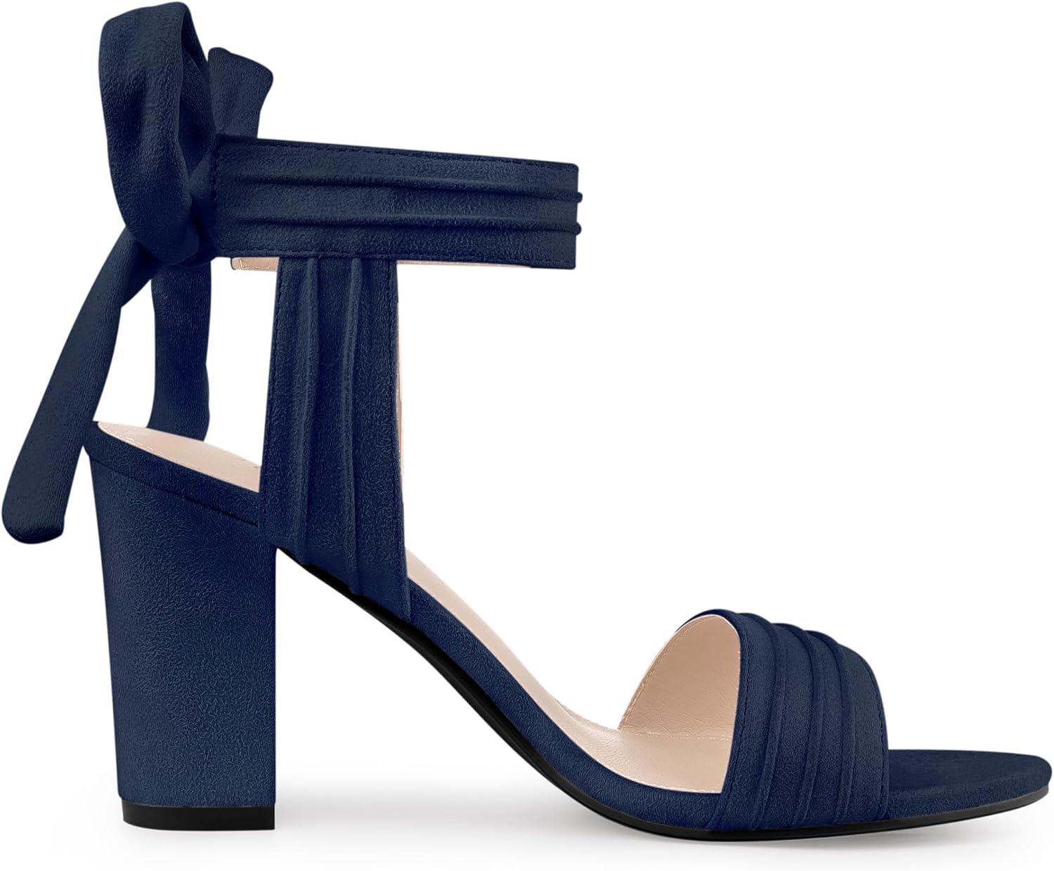imageAllegra K Women Open Toe Ankle Tie Back Chunky Heel SandalsNavy Blue