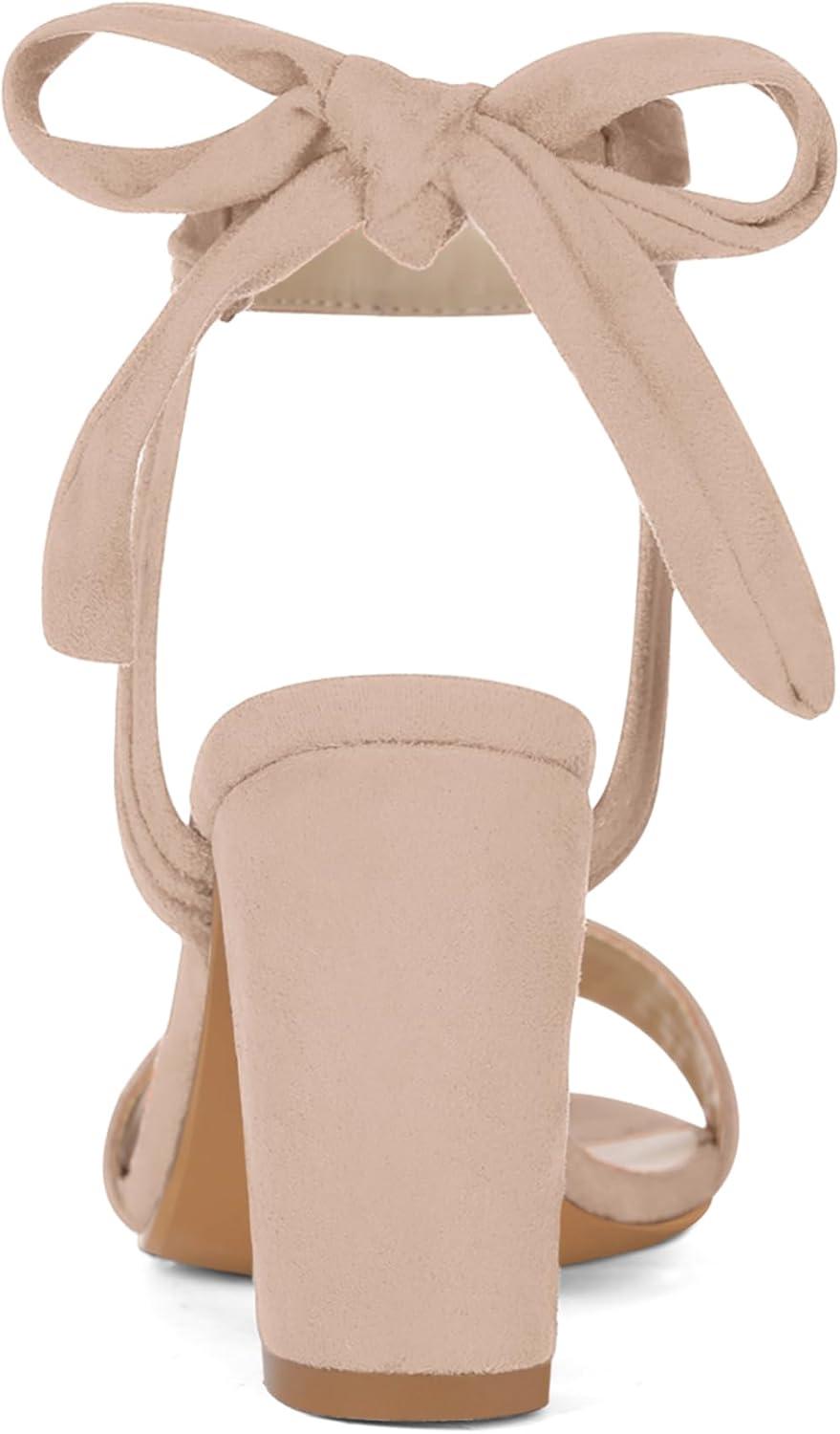 imageAllegra K Women Open Toe Ankle Tie Back Chunky Heel SandalsNude