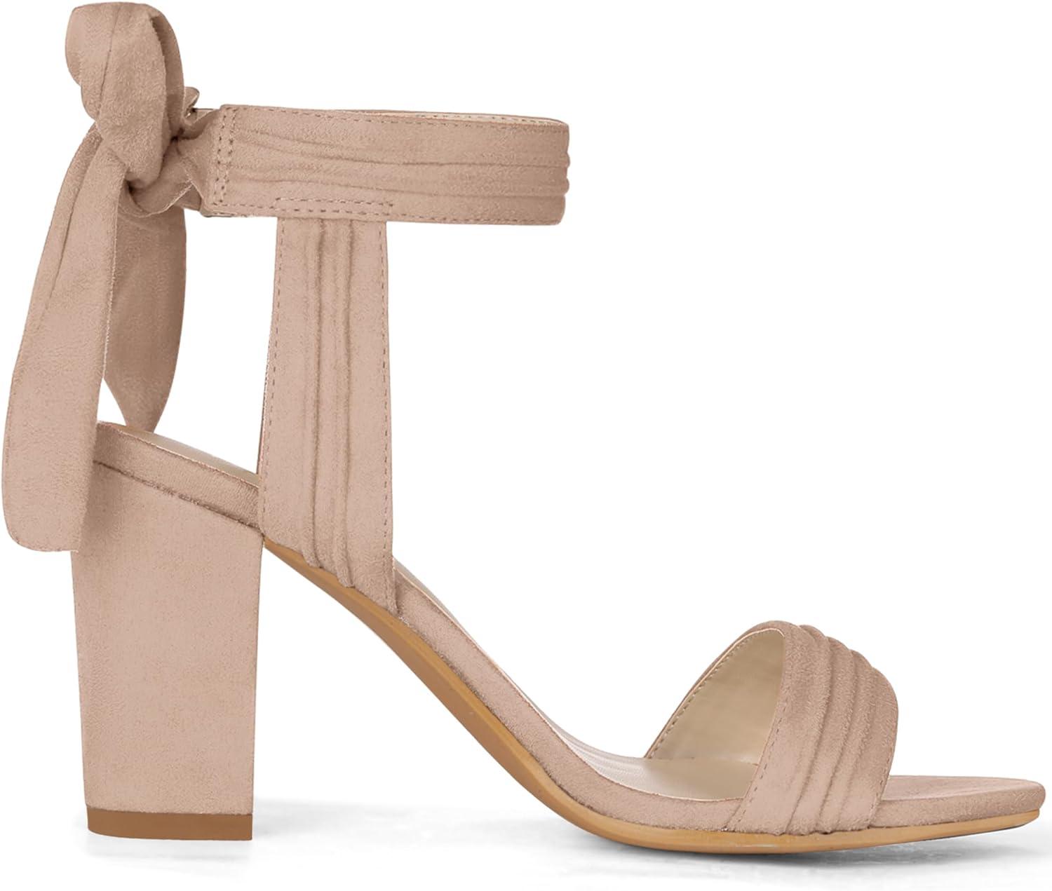 imageAllegra K Women Open Toe Ankle Tie Back Chunky Heel SandalsNude