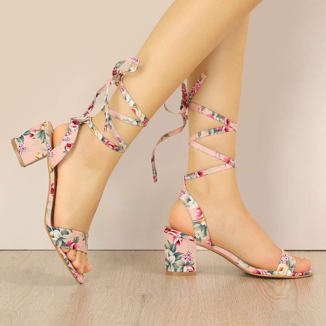 imageAllegra K Womens Block Heel Sandals Lace Up HeelsFloral Pink
