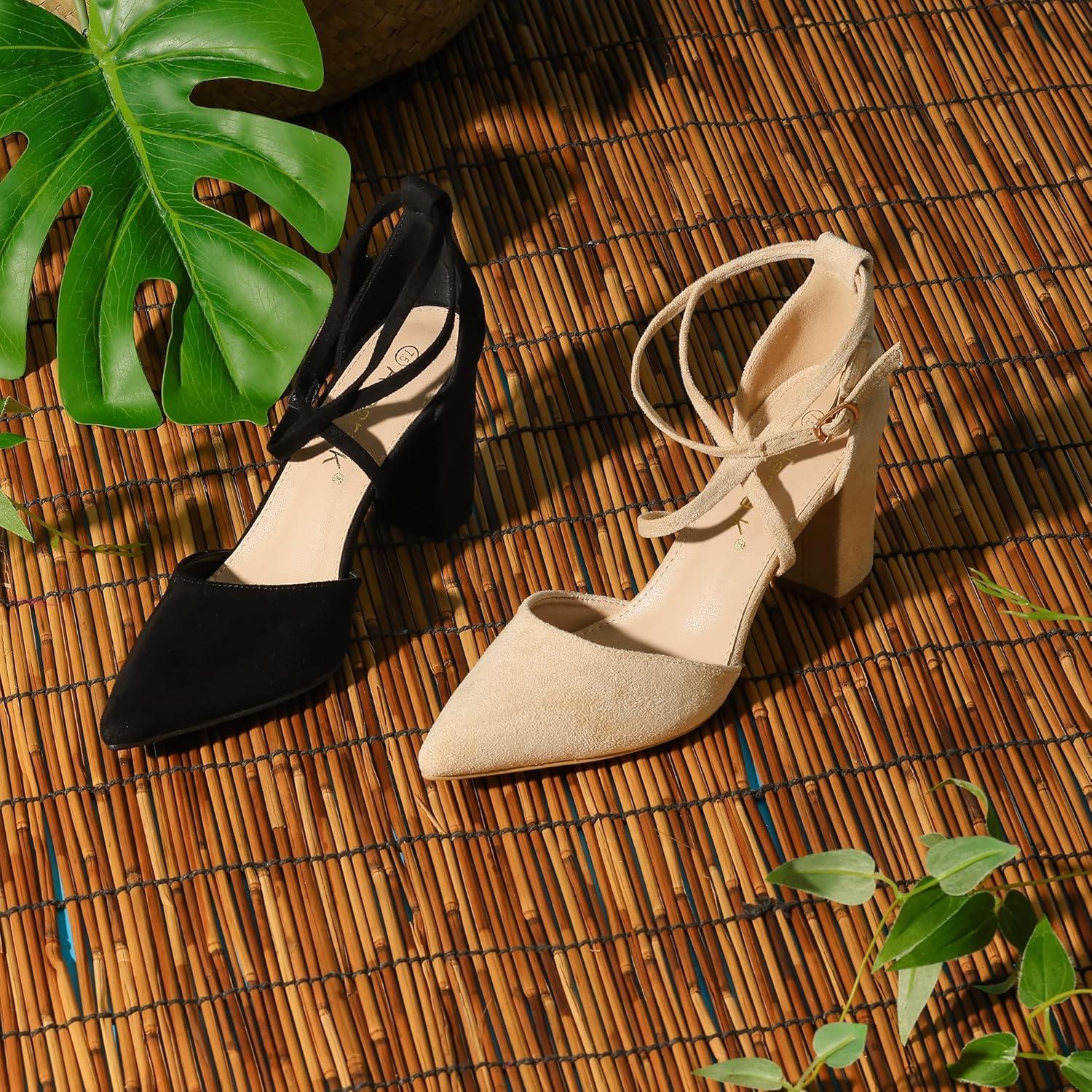 imageAllegra K Womens Crisscross Strap Wedding Shoes Pointed Toe Chunky Heels PumpsBlack