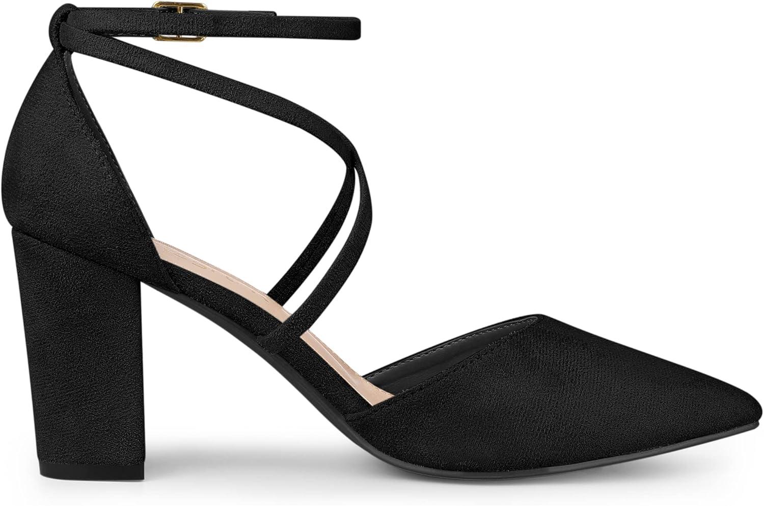 imageAllegra K Womens Crisscross Strap Wedding Shoes Pointed Toe Chunky Heels PumpsBlack