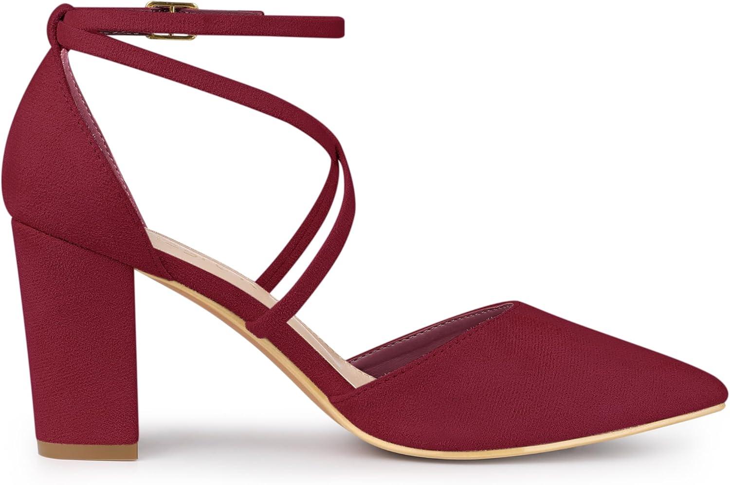 imageAllegra K Womens Crisscross Strap Wedding Shoes Pointed Toe Chunky Heels PumpsBurgundy