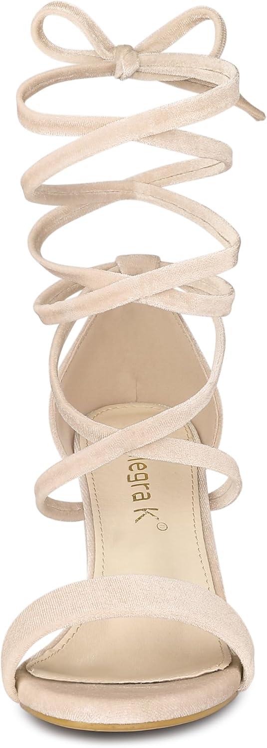 imageAllegra K Womens Faux Velvet Lace Up Chunky Heel Strappy SandalsBeige