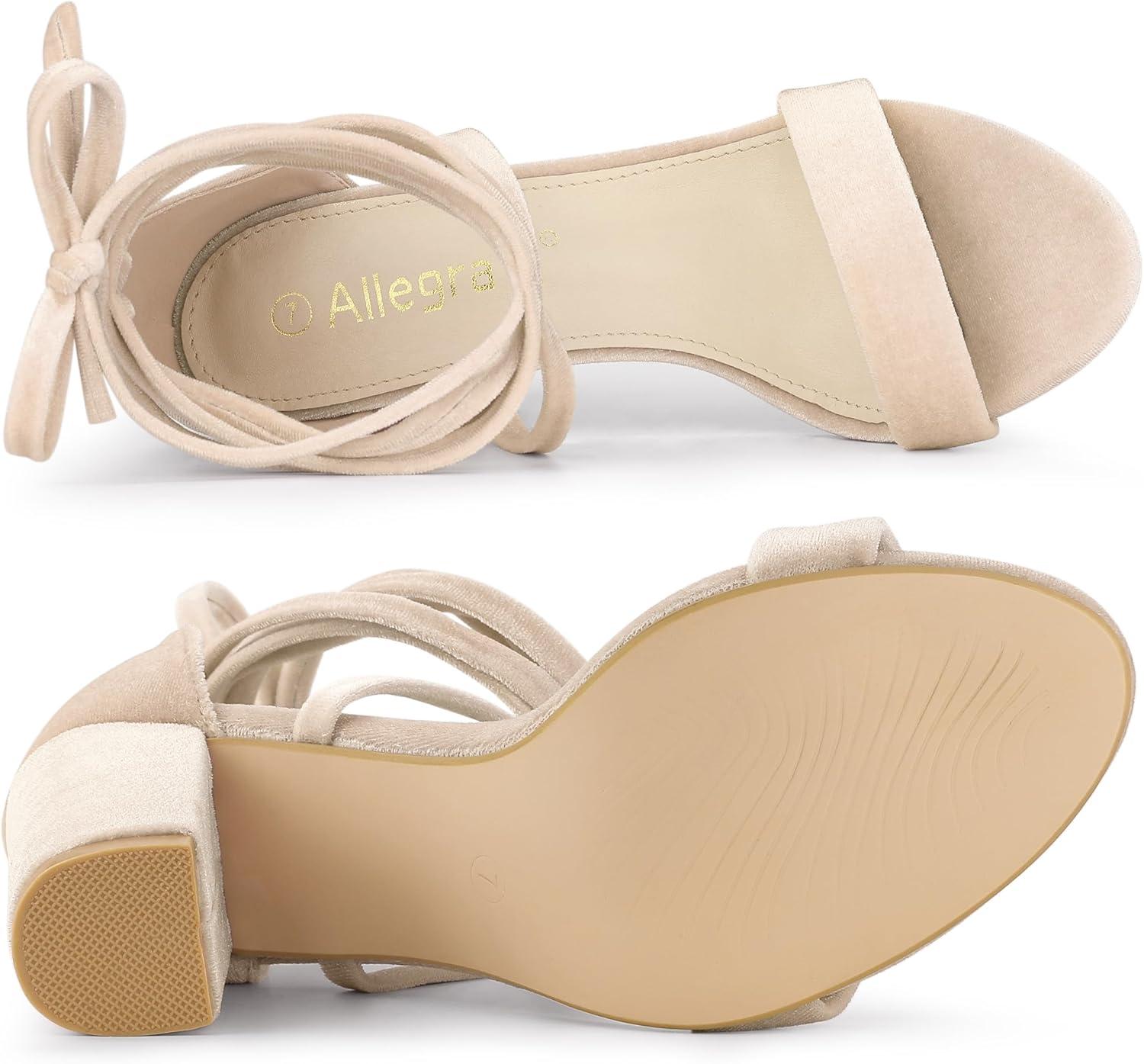 imageAllegra K Womens Faux Velvet Lace Up Chunky Heel Strappy SandalsBeige