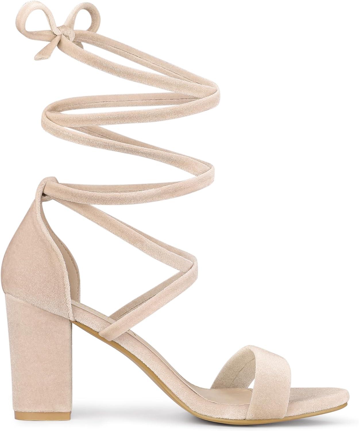 imageAllegra K Womens Faux Velvet Lace Up Chunky Heel Strappy SandalsBeige