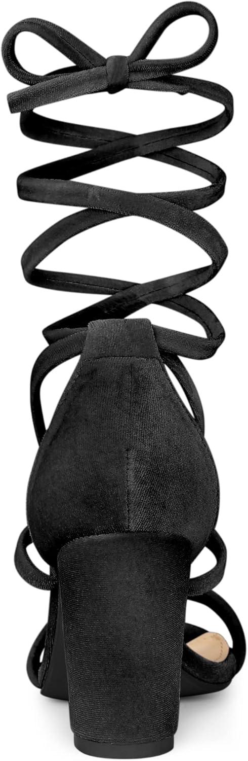 imageAllegra K Womens Faux Velvet Lace Up Chunky Heel Strappy SandalsBlack