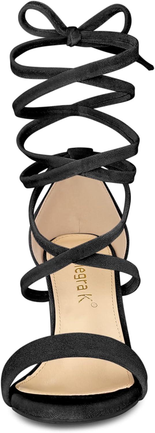 imageAllegra K Womens Faux Velvet Lace Up Chunky Heel Strappy SandalsBlack