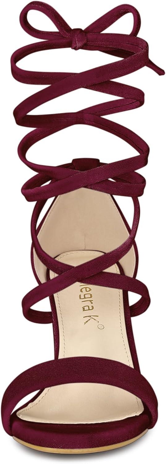 imageAllegra K Womens Faux Velvet Lace Up Chunky Heel Strappy SandalsBurgundy