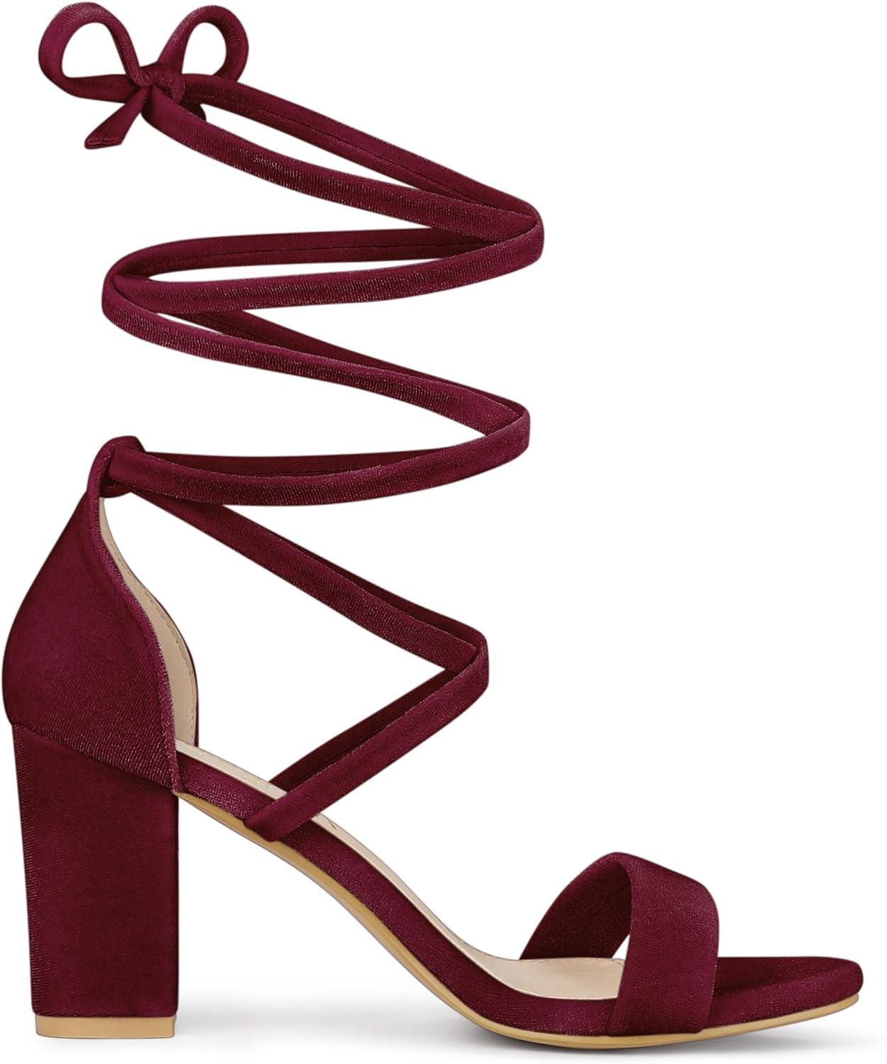 imageAllegra K Womens Faux Velvet Lace Up Chunky Heel Strappy SandalsBurgundy
