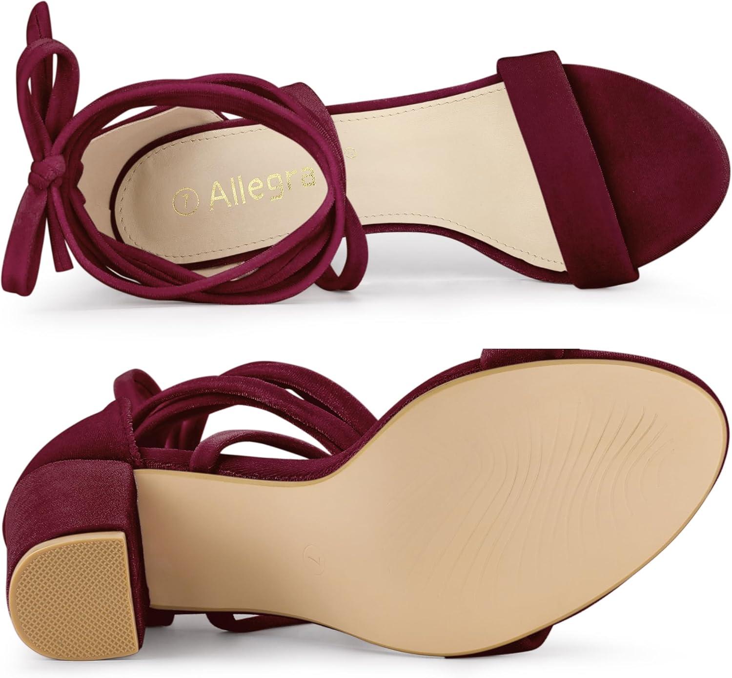 imageAllegra K Womens Faux Velvet Lace Up Chunky Heel Strappy SandalsBurgundy