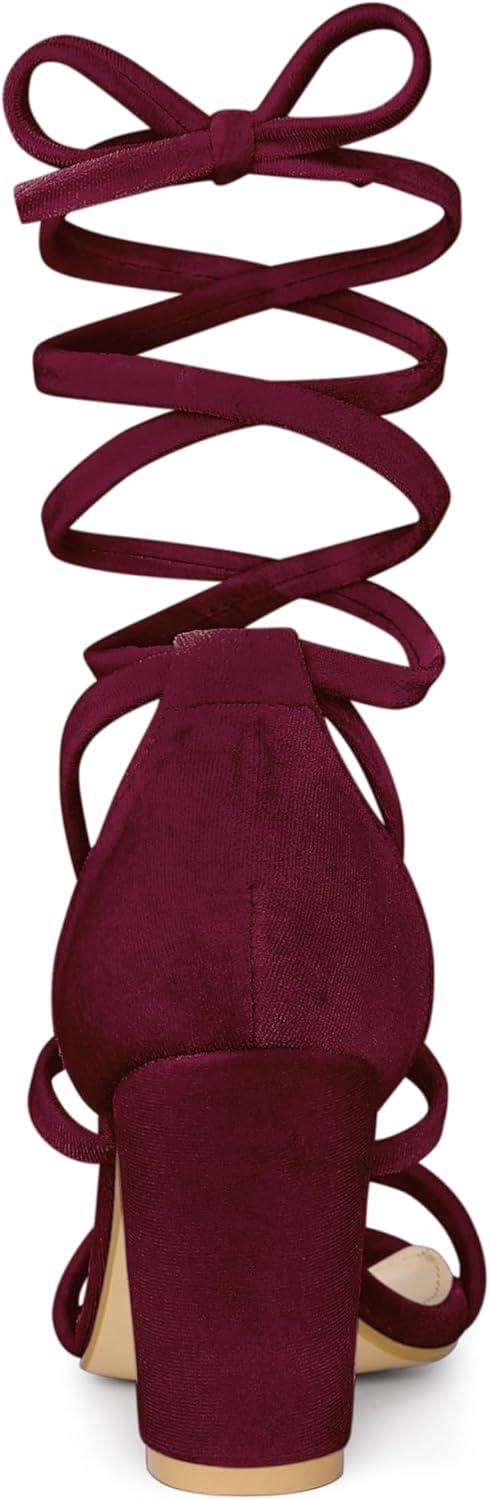 imageAllegra K Womens Faux Velvet Lace Up Chunky Heel Strappy SandalsBurgundy