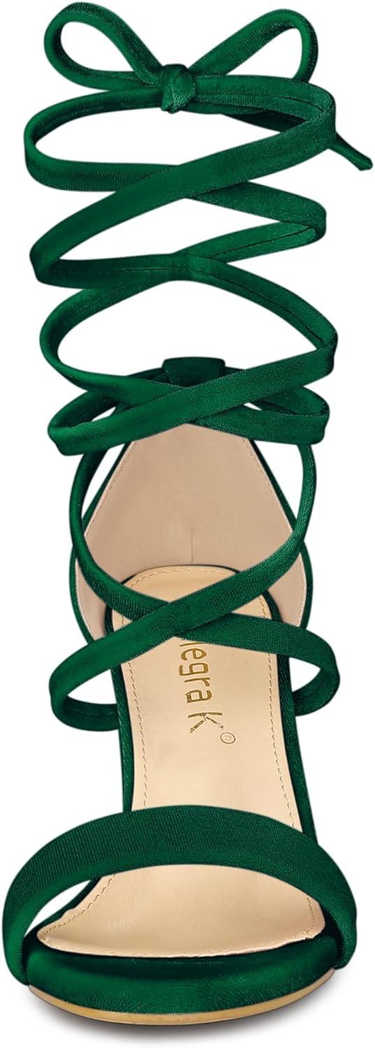 imageAllegra K Womens Faux Velvet Lace Up Chunky Heel Strappy SandalsDark Green