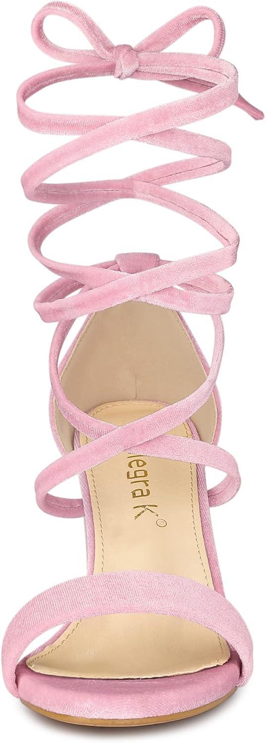 imageAllegra K Womens Faux Velvet Lace Up Chunky Heel Strappy SandalsLight Pink