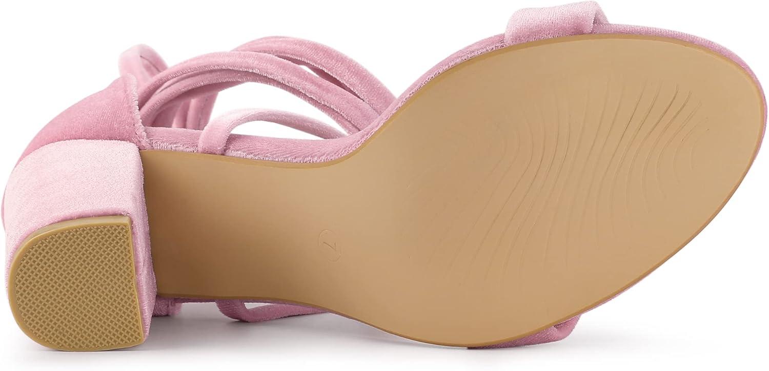 imageAllegra K Womens Faux Velvet Lace Up Chunky Heel Strappy SandalsLight Pink